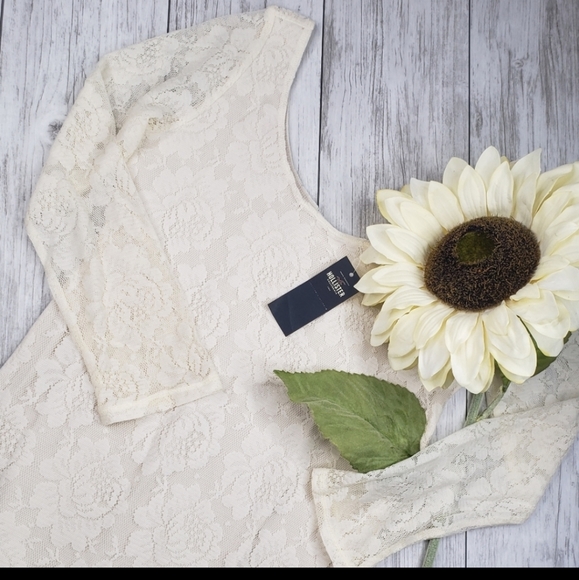 Hollister Lace Dress  Neutral  Nude Long Sleeve Mini  Sexy Night Out  Large  NEW - Picture 4 of 8
